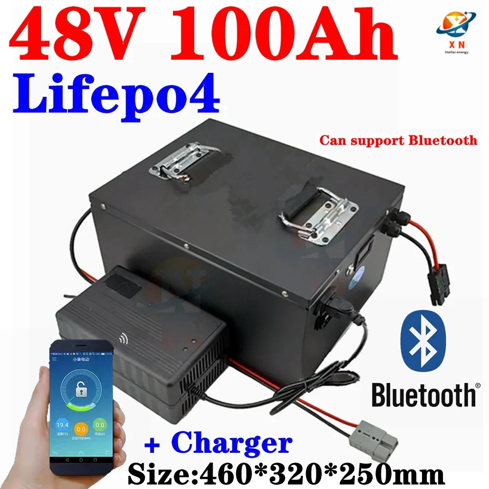 

Литий-железо-фосфатный Аккумулятор lifepo4 48 в 100 ач с bluetooth, приложение BMS для инвертора для трехколесного велосипеда, скутера с солнечной батареей и зарядным устройством 10 А