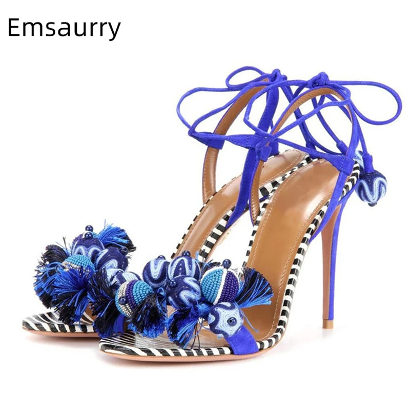Luxury Suede Ankle Wrap Modern Sandals Women 10cm Stiletto Heel Wool Knitted Pompomps Beads Summer Shoes For Girls
Luxury Suede Ankle Wrap Modern Sandals Women 10cm Stiletto Heel Wool Knitted Pompomps Beads Summer Shoes For Girls