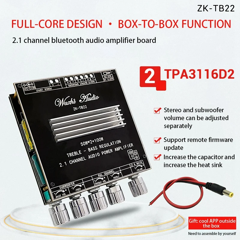 

ZK-TB22 2.1 Channel Bluetooth 5.1 Amplifier Board With DIY Case+DC Cable TPA3116D2 Tweeter Subwoofer Adjustment