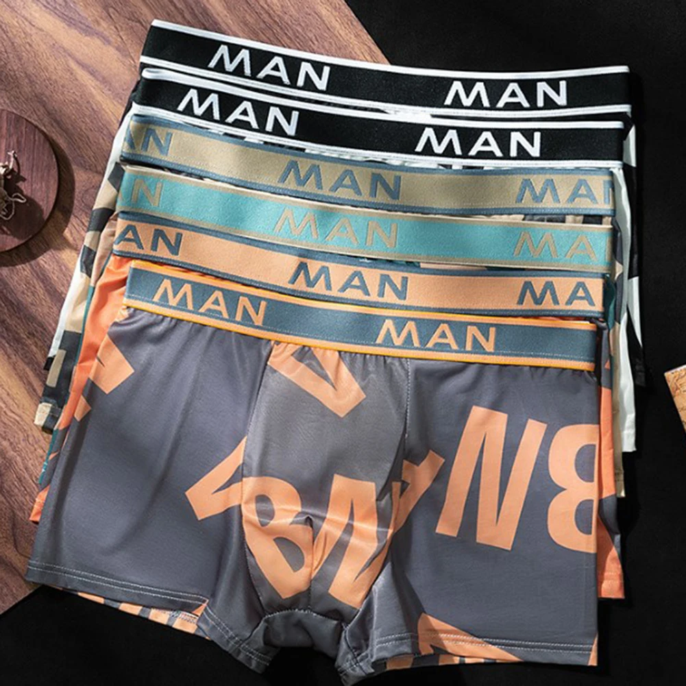

1pc Letter Printed Men's Boxers Shorts Ice Silk Lingerie Underwear Boxer Briefs Bulge Pouch Soft Elastic Men Panties Underpants