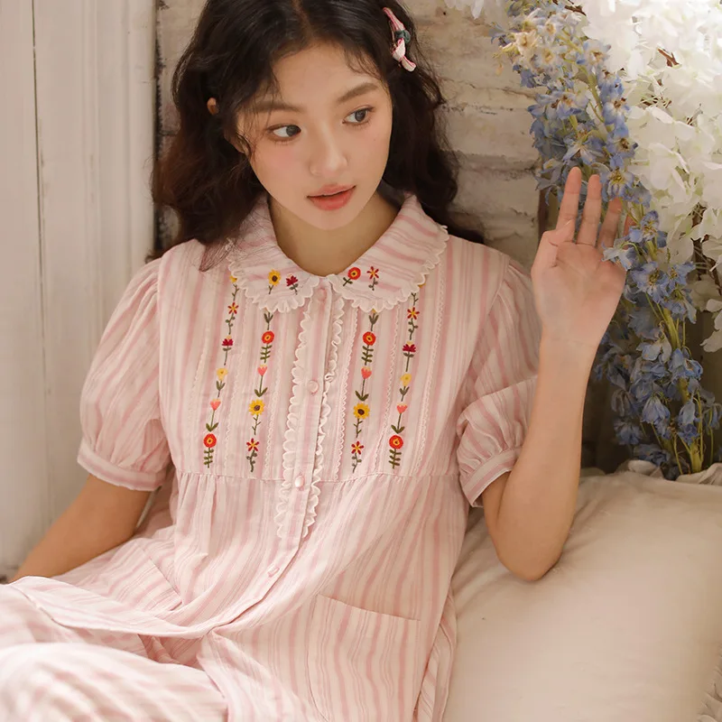 

Sweet Striped Soft Cotton Pajamas Sets For Women Long Pants Loose Delicate Embrodiery Girls Spring Summer Sleepwear Home Clothes