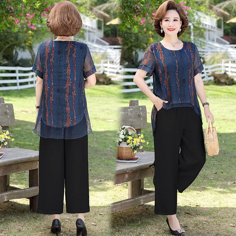Mother Summer Short Sleeve T-shirt ops + Wide Leg Pants Middle-aged Women Clothes Two Pieces of Suits Female Age 2 Pieces Set
Mother Summer Short Sleeve T-shirt ops + Wide Leg Pants Middle-aged Women Clothes Two Pieces of Suits Female Age 2 Pieces Set