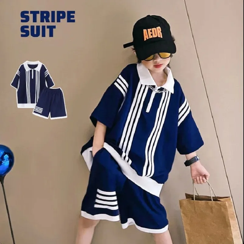 

Summer Boys Cotton Striped Half Zip Navy Preppy T-Shirt Tops+Shorts Pant Set School Kids 2PCS Tracksuit Children Outfit 5-16 Yr