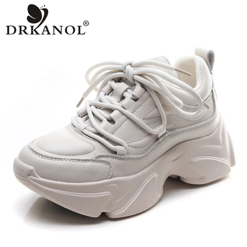 

DRKANOL 2024 Fashion Genuine Leather Chunky Platform Shoes Women Casual Sneakers Lace-Up Wedges Heel Solid Color Dad Shoes