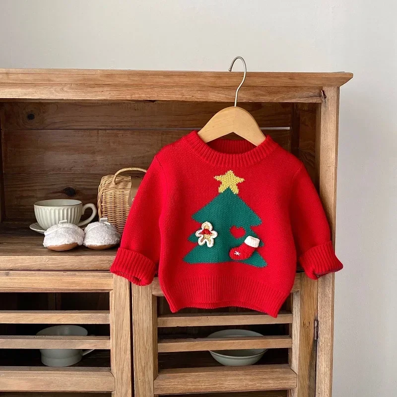 

Baby Sweater 0-3Years Newborn Boy Girl Long Sleeve Round Neck Christmas Tree Pattern Pullover Jumper Xmas Gift Knitwear Clothes