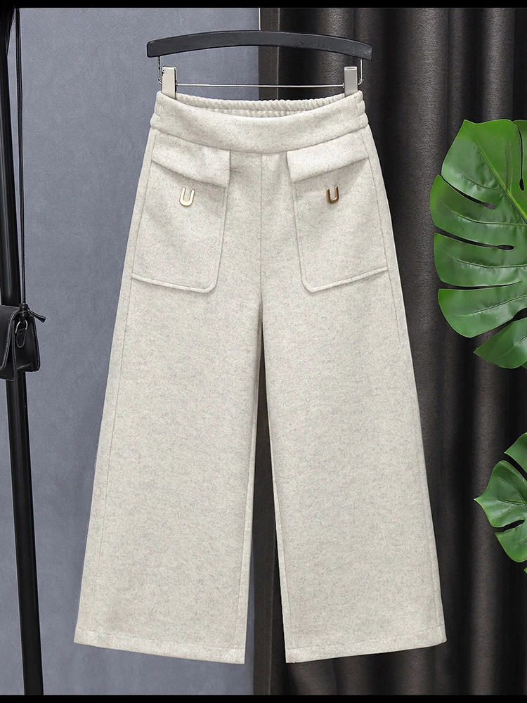 

Шерстяные Капри, широкие брюки для женщин, Осень-зима, толстые штаны с высокой талией, повседневные, 78 см, теплые, полушерстяные, мешковатые, прямые, спортивные штаны
