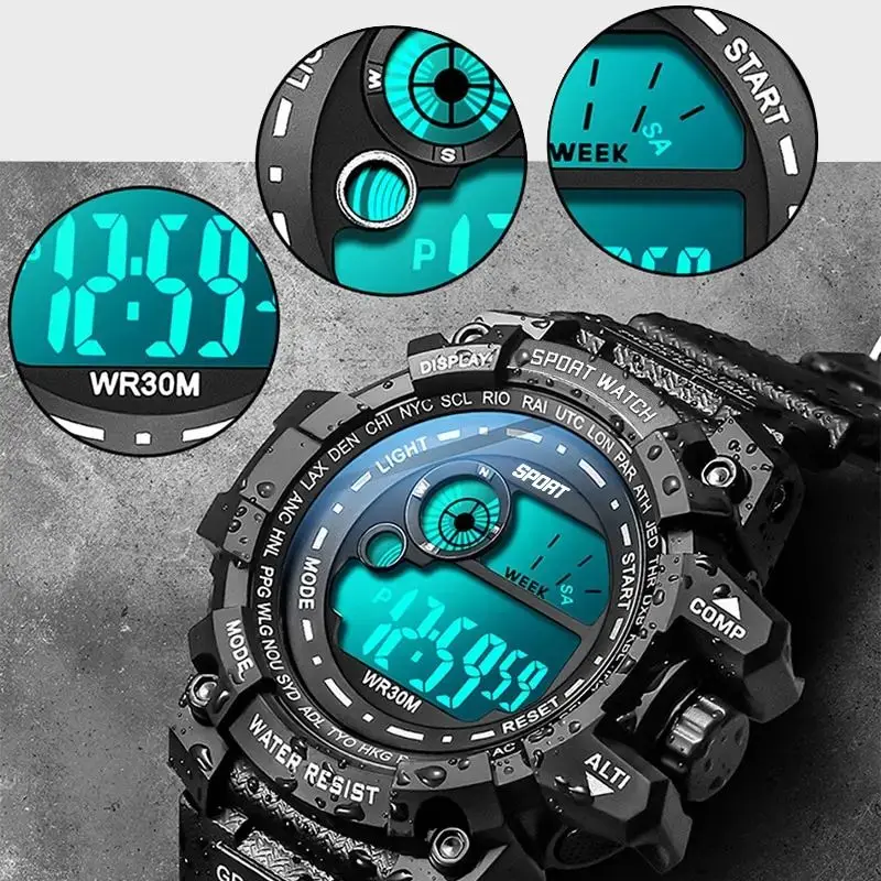 

YIKAZE Digital Man Watch LED Display Waterproof Luminous Chronograph Wristwatches Outdoor Sports Electronic Military Watches