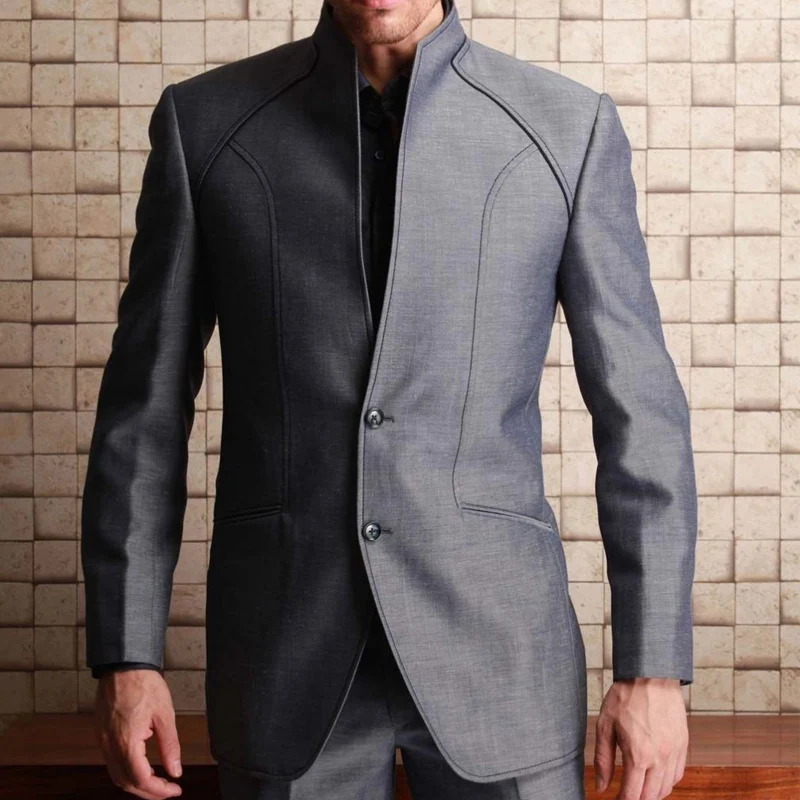 2 piece Tunic Men Suits with Stand Collar Custom Wedding Tuxedo for Groom Gray Business Man Fashion Costume Jacket with Pants
2 piece Tunic Men Suits with Stand Collar Custom Wedding Tuxedo for Groom Gray Business Man Fashion Costume Jacket with Pants