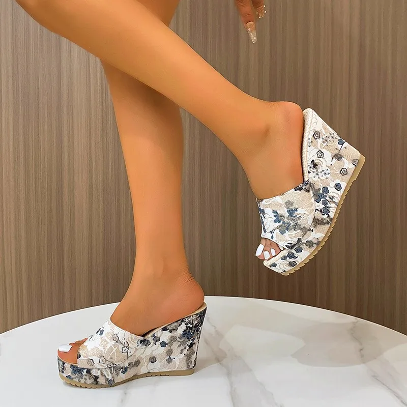Women's Floral Print Thick-soled Wedge Heels, Fashion Open-toe Non-Slip High Heels, Outdoor Galoshes Sandals 25 Sde40c9117e9f48d7ab81d22c6f15826dz