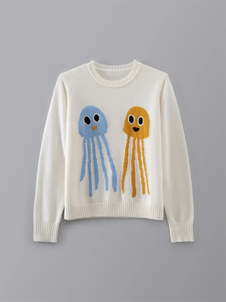 

Women Sweater Cute Jellyfish Embroidery Cashmere Early Autumn O-neck Long Sleeve Knitted Jumper