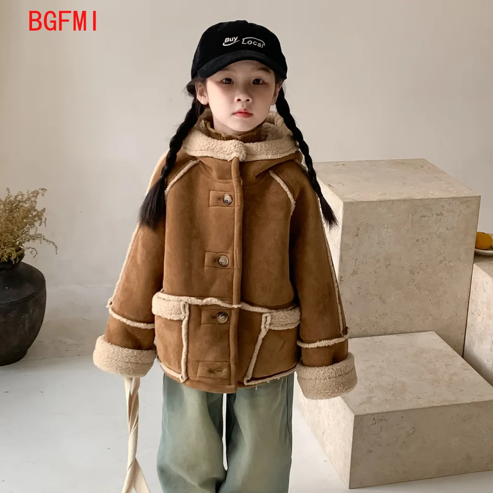 

Kids Winter Reversible Clothes Fashion Lambswool Girl's Jacket Hooded Fake Fur Grass Coats Kids Outerwear Children's Clothing