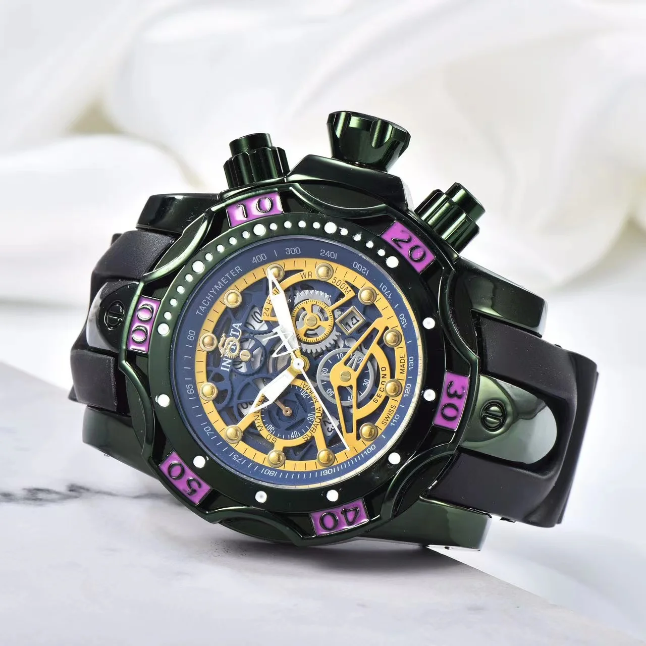 

Men's large dial waterproof 3-eye steel ring and PU strap, 2024 OGDA sports watch, men's gift, watch chain series quartz watch
