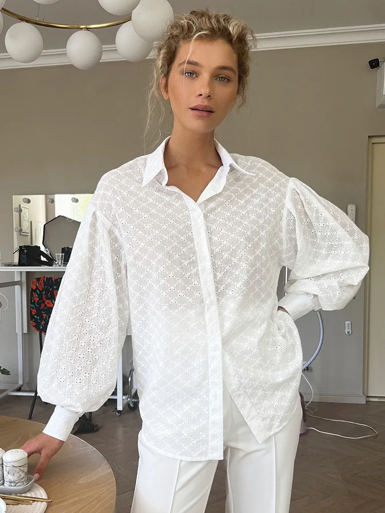 Lantern Sleeve Jacquard Women's Shirt 2024 Spring/summer New Style Versatile Polo Neck Cardigan Solid Color Hollow Top
Lantern Sleeve Jacquard Women's Shirt 2024 Spring/summer New Style Versatile Polo Neck Cardigan Solid Color Hollow Top