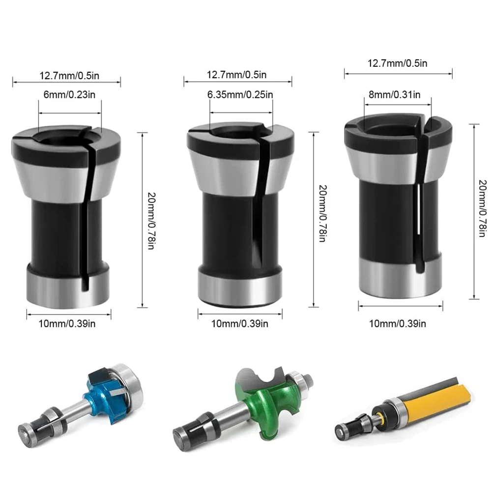 Bit Collet Collet Adapter Black And Silver Carbon Steel Height 20mm Hole Diameter 6/8/6.35mm Wood Milling Cutter
Bit Collet Collet Adapter Black And Silver Carbon Steel Height 20mm Hole Diameter 6/8/6.35mm Wood Milling Cutter