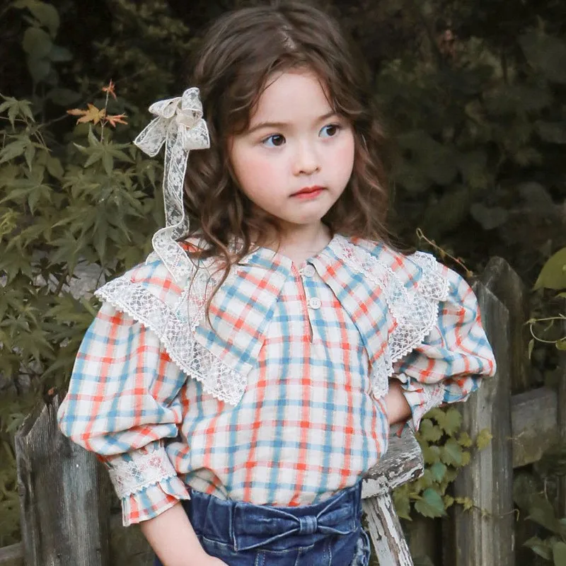 

Детская осенняя рубашка, рубашка-поло в крупную клетку для девочек, модная кружевная Осенняя рубашка 2023, блузка для девочек