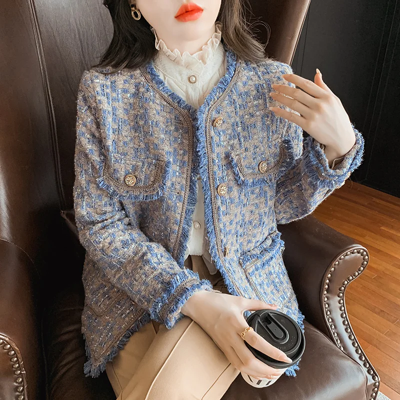 

Korean Small Fragrant Tassel Tweed Coat New Chic Autumn Winter Single Breasted Plaid Pockets Fringed Woolen Loose Jacket Outwear