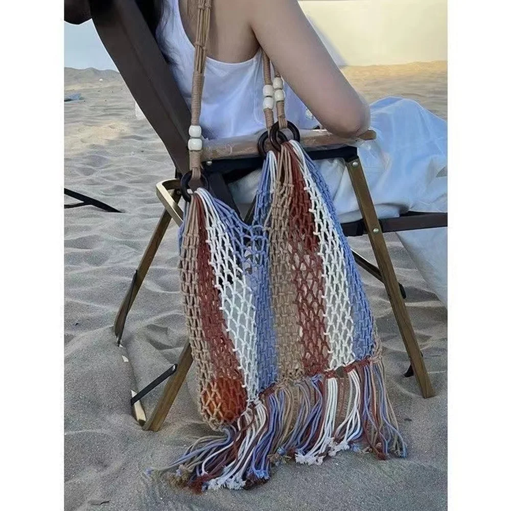 

2024 Vacation Color-block Fringe Handwoven Beach Bag Large Capacity Single-shoulder Bag Holiday Suitable Bag