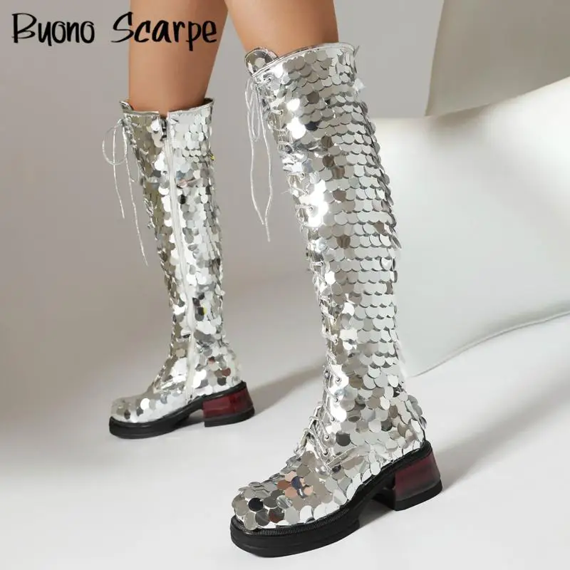 

Bling Bling Fashion Women Boots Large Size Chunky Heel Platform Increasing Knee High Shoes Sexy All Match Knight Botas Female