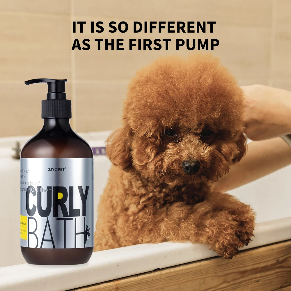Dog Shampoo | Poodle Dog Shampoo A brown Poodle puppy peeking over the edge of a white porcelain bathtub. A "Curly Bath" bottle is visible on the left, and the text "IT IS SO DIFFERENT AS THE FIRST PUMP" is displayed at the top.