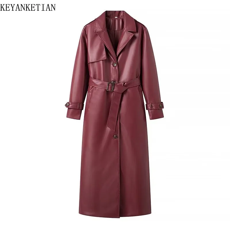 

KEYANKETIAN 2024 New Launch Women's Burgundy Faux Leather Coat Retro Fashion With Belt Pockets Loose Extended Overcoat Outerwear