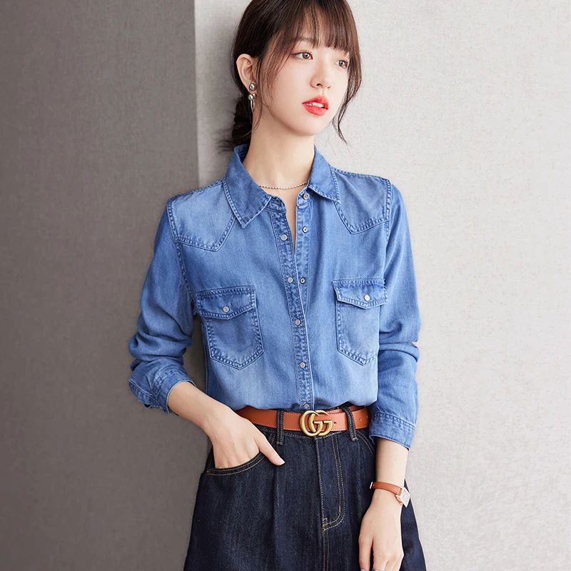 Casual Women Denim Shirt Spring Autumn Fashion Temperament Single-breasted Long Sleeves Tops Elegant Pockets Office Lady Blouse
Casual Women Denim Shirt Spring Autumn Fashion Temperament Single-breasted Long Sleeves Tops Elegant Pockets Office Lady Blouse