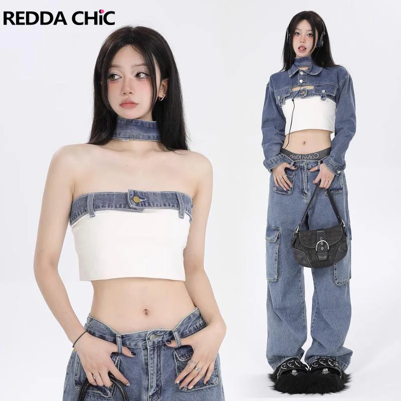 

ReddaChic Women 2-piece Set Corset Tube Top with Choker Denim Spliced Backless Bustier Vintage Hotties Summer Y2k Streetwear