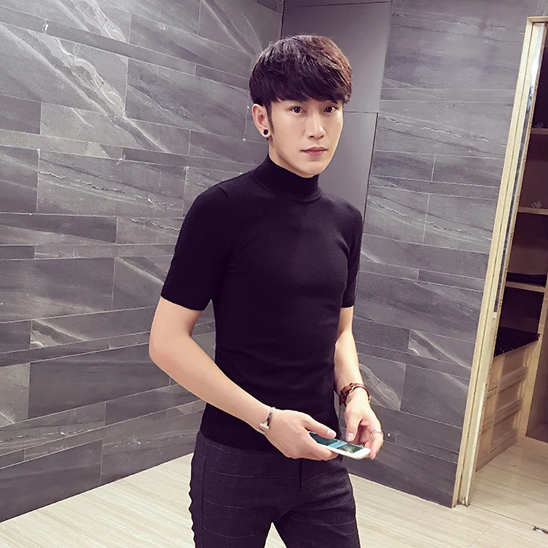 

2022 Summer New Fashion Men Short Sleeve Thin Knitted T-shirts Casual Slim Fit Turtleneck Solid Color Mens Top Tee shirt R25