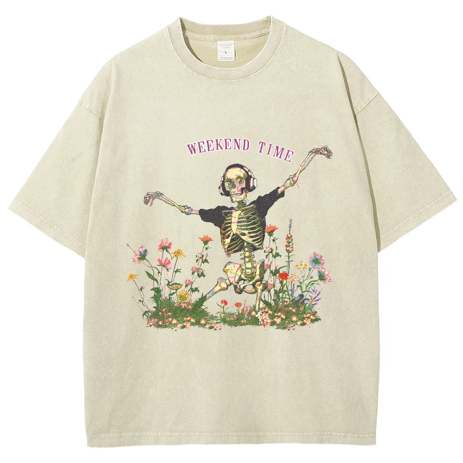 Y2K Washed Tshirt, Cartoon Skull With Earphone Weekend Time, Hiphop Top Oversized Streetwear Washed Short T-shirt For Women Men 
Y2K Washed Tshirt, Cartoon Skull With Earphone Weekend Time, Hiphop Top Oversized Streetwear Washed Short T-shirt For Women Men
