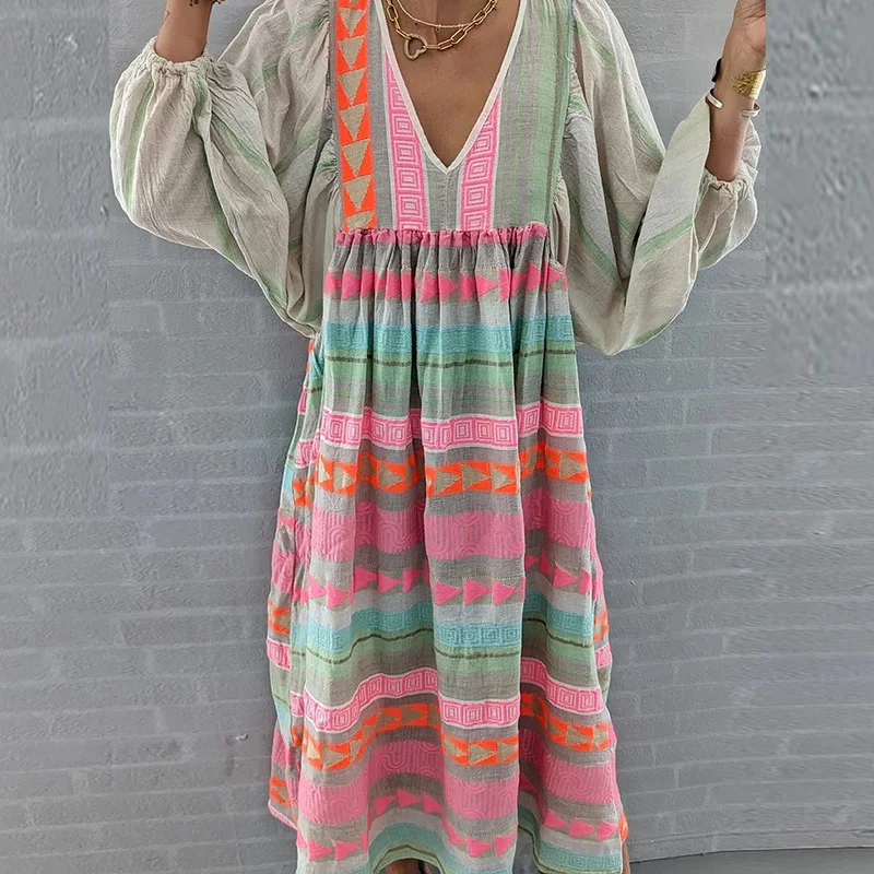 Vintage Spring Puff Long Sleeve Maxi Dresses Fashion Women Geometric Print Party Dress Sexy V Neck Patchwork Cotton Linen Dress
Vintage Spring Puff Long Sleeve Maxi Dresses Fashion Women Geometric Print Party Dress Sexy V Neck Patchwork Cotton Linen Dress