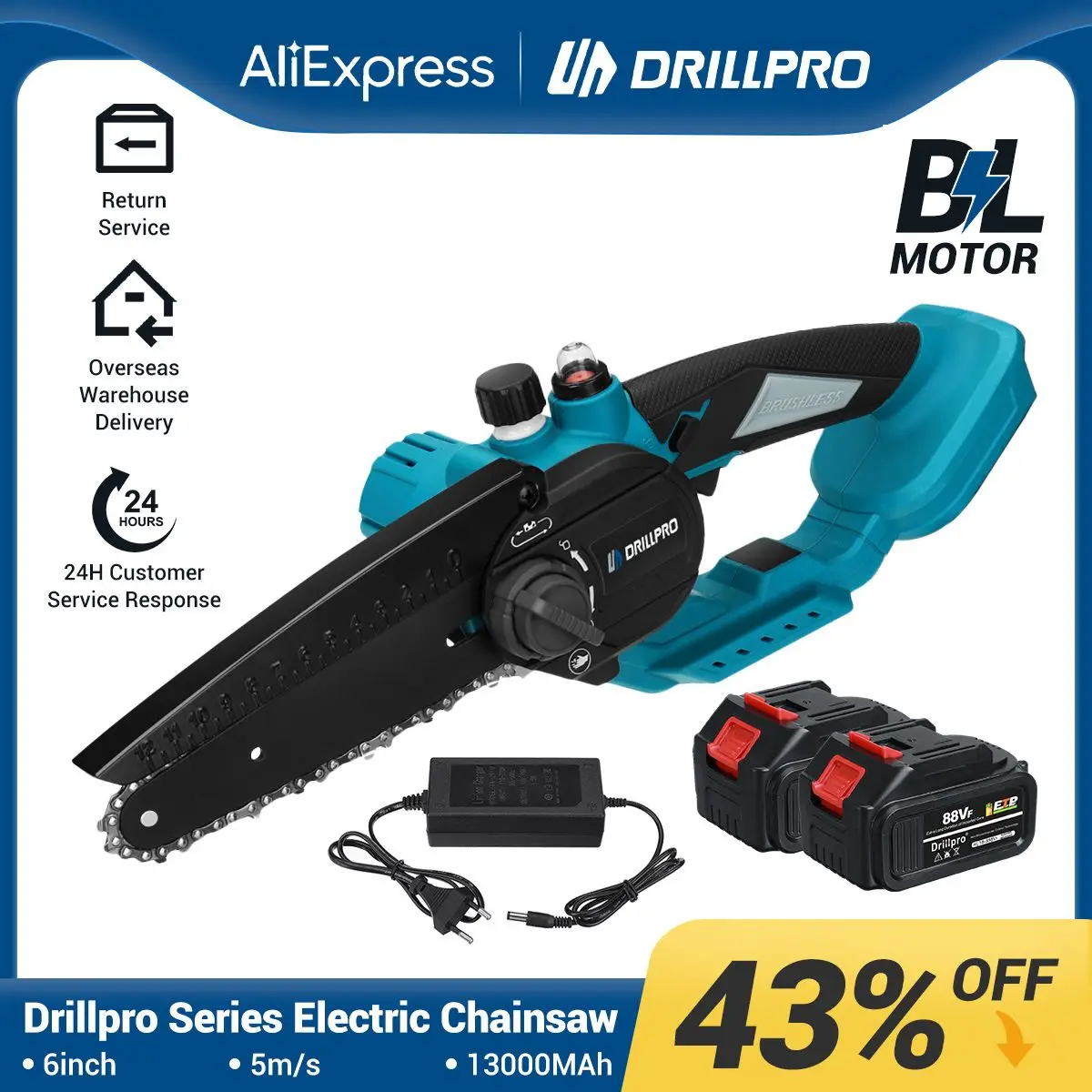 

Drillpro 6 Inch 2000R/min Electric Chainsaw with Oil Tank Brushless Variable Speed Woodworking Power Tool for Makita 18V Battery