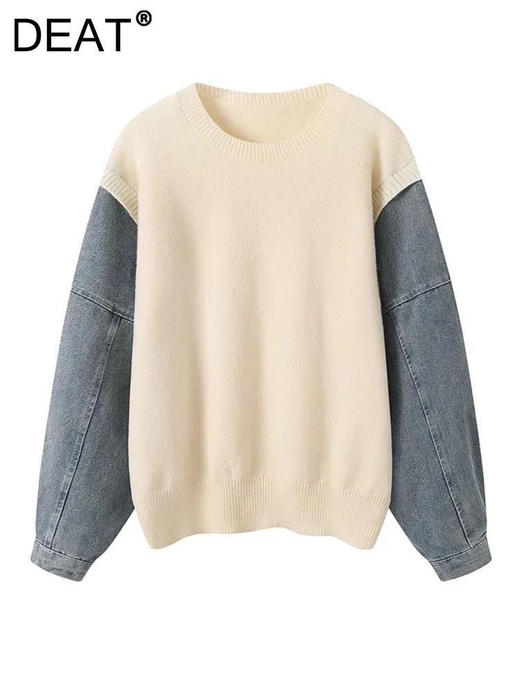 

Женский вязаный пуловер DEAT, свободный джинсовый свитер контрастных цветов в стиле пэчворк с круглым вырезом и длинным рукавом, весна 2024