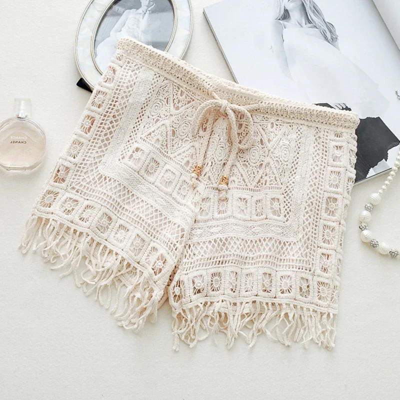 

Female Summer Beach Ibiza Crochet Hook Floral Eyelet Fringes Shorts Women Bohemian Boho Chic Aztec Gypsy Hippie Ethnic Shorts