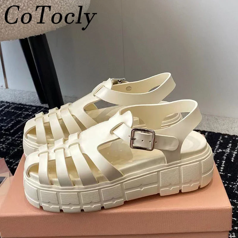 

Summer Sandals Woman Round Toe Hollow Outs Flat Platform Shoes Holiday Casual Beach Shoes Female Thick Sole Rome Sandals Women