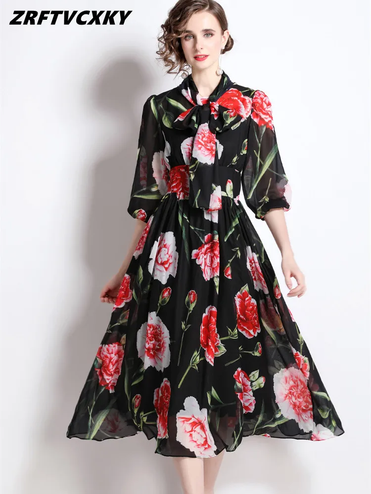 Elegant Fashion Lace-Up Bow Collar Casual Dresses Women Summer Runway Floral Print Beach Chiffon Party Midi Dress Vestidos
Elegant Fashion Lace-Up Bow Collar Casual Dresses Women Summer Runway Floral Print Beach Chiffon Party Midi Dress Vestidos