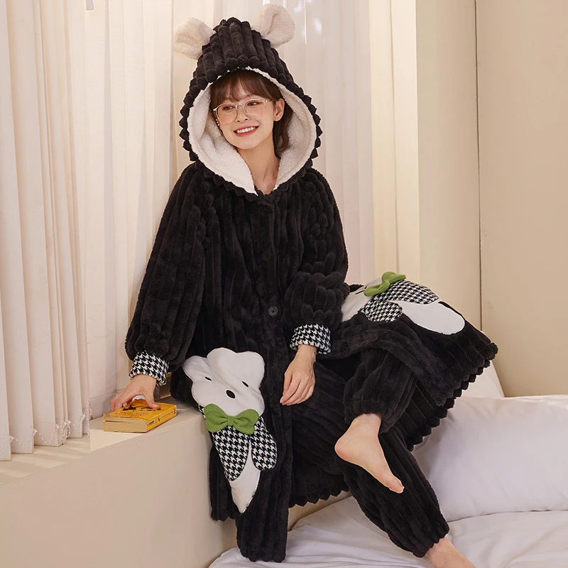 Winter Long Robe Women Pajamas Set Thick Coral Velvet Sleepwear Korean Loose Cartoon Bear Warm Hooded Nightdress Home Nightgowns
Winter Long Robe Women Pajamas Set Thick Coral Velvet Sleepwear Korean Loose Cartoon Bear Warm Hooded Nightdress Home Nightgowns