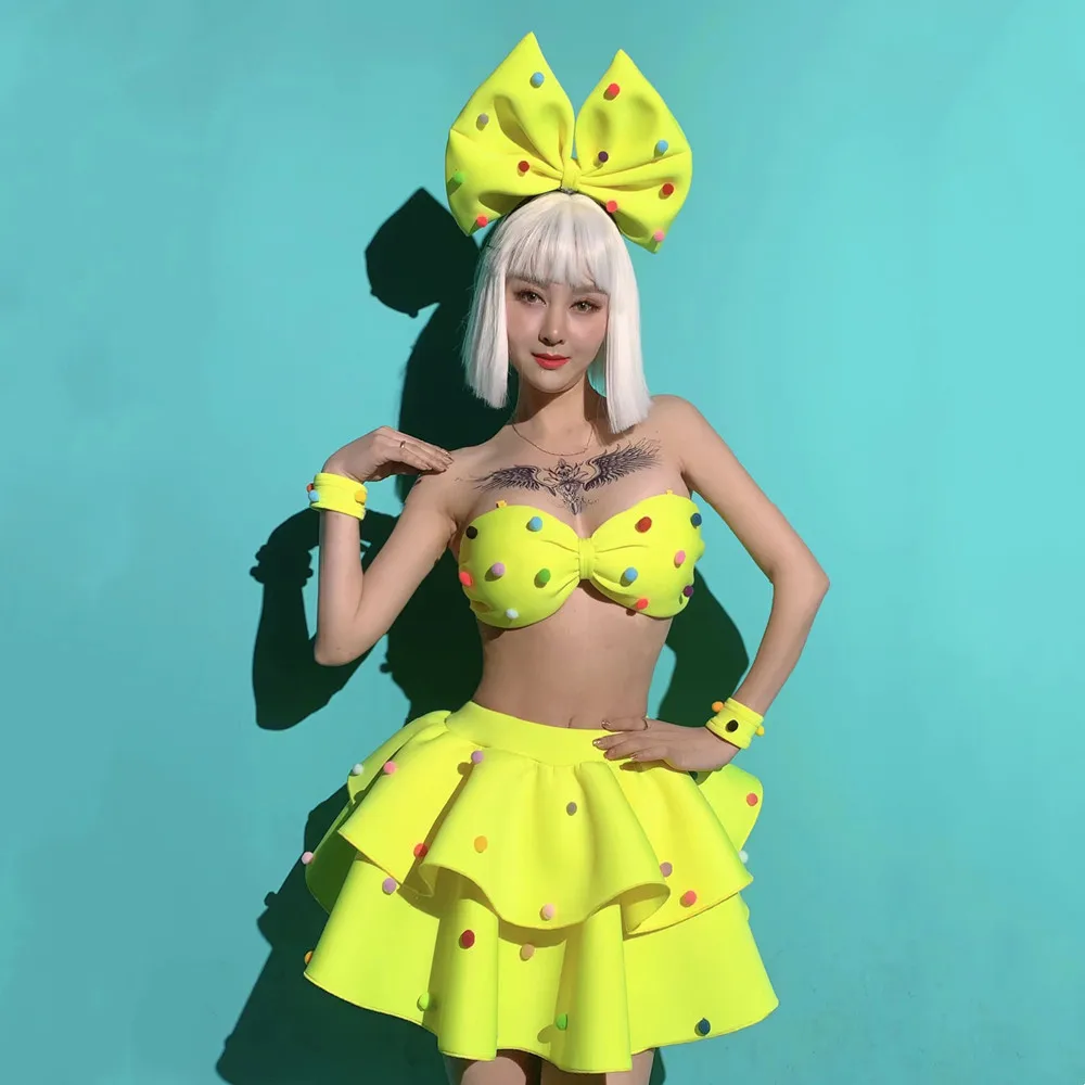 

Women Dancer Stage Performance Clothes Bar Nightclub Sexy Dance Costume Fluorescent Yellow Lovely Puffy Skirt Club Rave Outfit