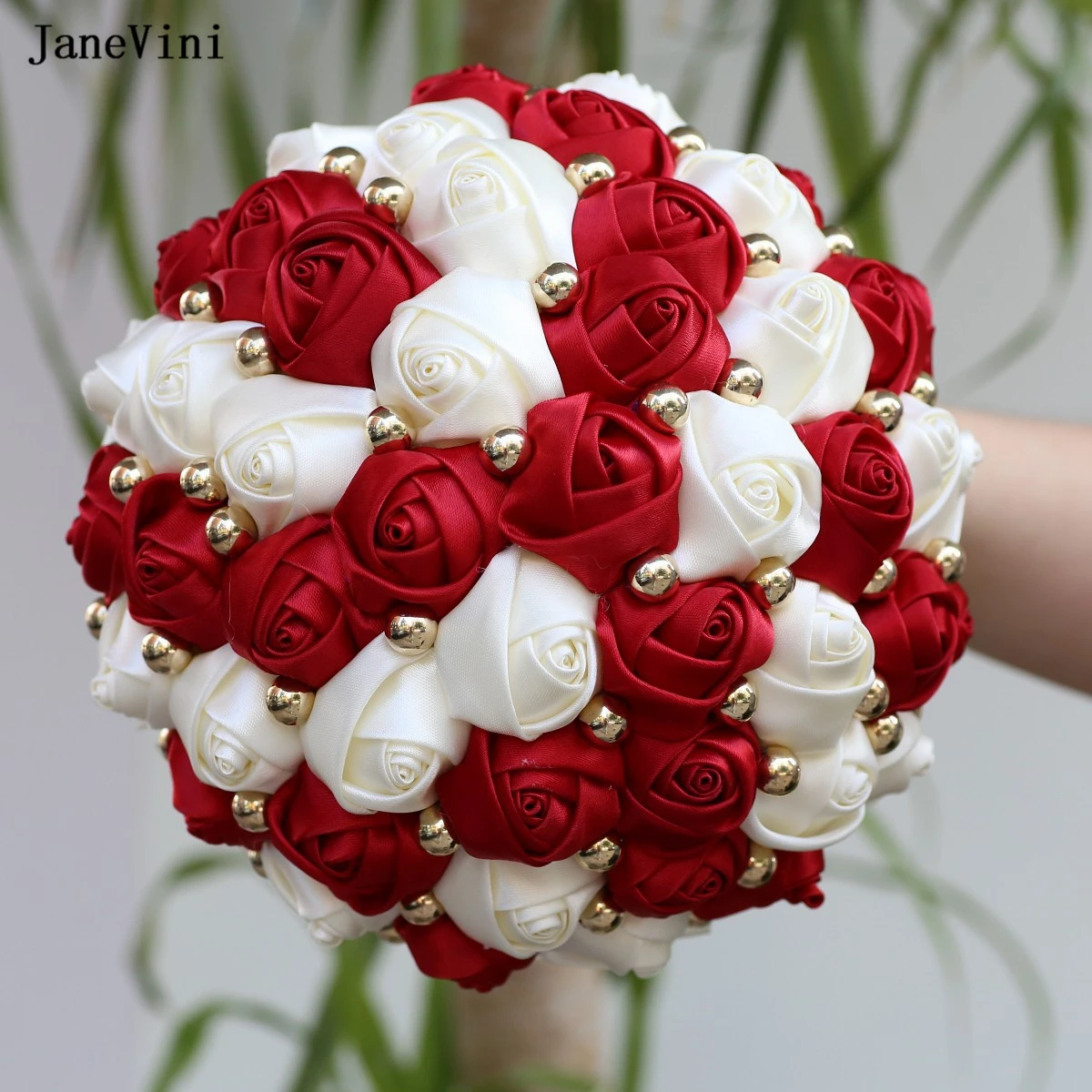 

JaneVini 2023 Elegant Korean Bridal Bouquets Burgundy Ivory Flowers Pearls Artificial Satin Roses Wedding Fake Bouquet for Bride