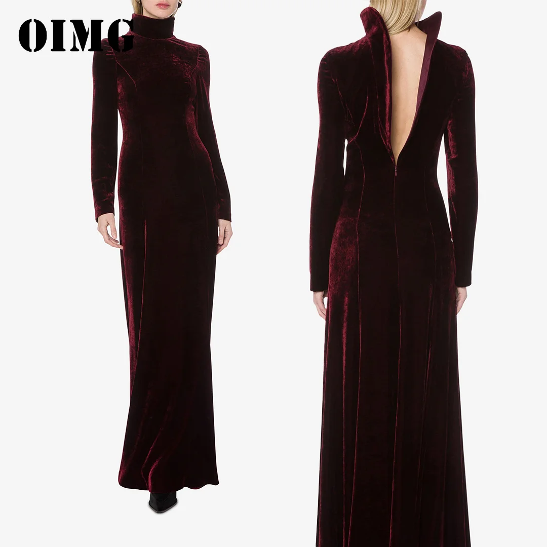 

OIMG новый дизайн платья с высоким воротом для выпускного вечера с длинным рукавом Саудовский арабский бархат Русалка Бордовые женские вечерние платья официальное женское платье