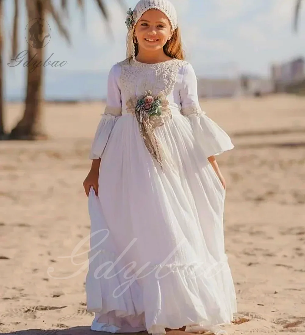 

Muslim Ivory Flower Girl Dress For Wedding Lace Long Sleeves Bow Belt Applique Kdis Birthday Holiday First Communion Ball Gowns