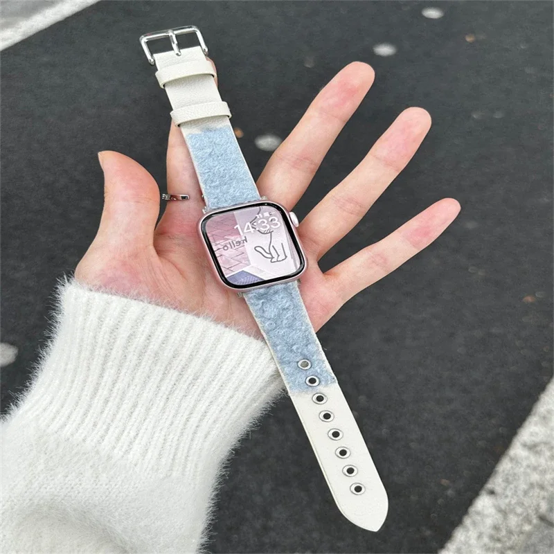 

Ремешок для Apple Watch Band 49 мм 44 мм 40 мм 42 мм 41 мм 45 мм 38 мм, Пушистый Плюшевый кожаный браслет для наручных часов iWatch Series 9 8 7 3 4 5 6 SE