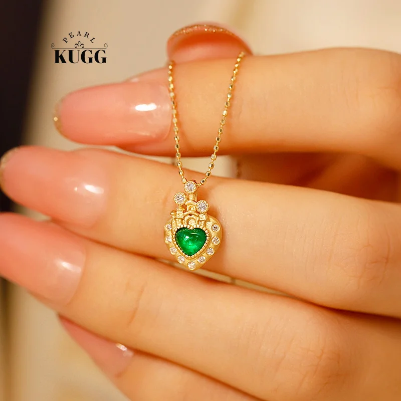 

KUGG 18K Yellow Gold Necklace Romantic Heart Design Real Diamond Natural Emerald Necklace for Women Gentle Style High Jewelry