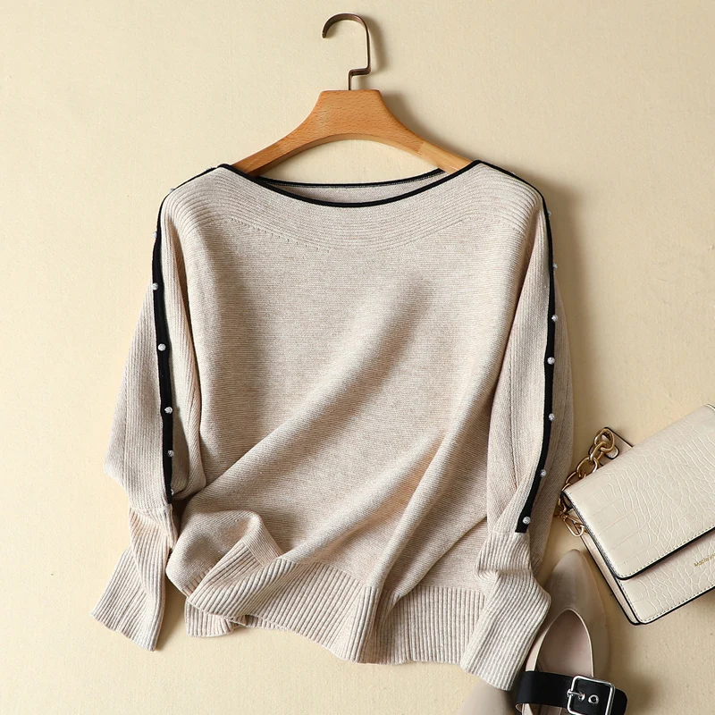 

2022 Autumn New Knitted Women Sweater and Pullovers Slash Neck Solid Beaded Batwing Sleeve Loose Thicken Warm Lady Elegant Pulls