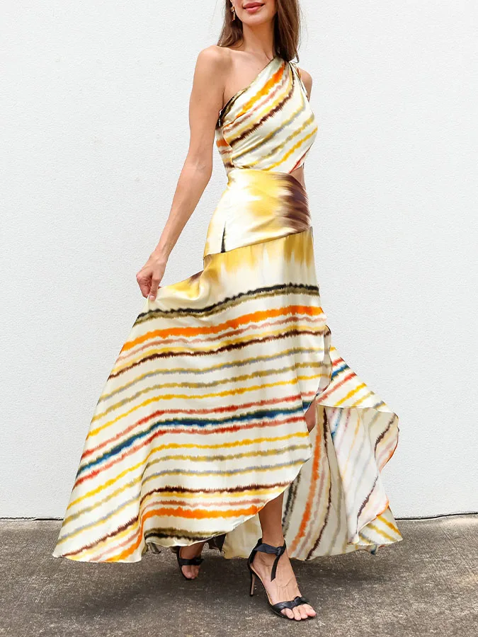 2023 Summer Striped Print One Shoulder Off Waist Asymmetrical One-piece Long Flowing Beautiful Beach Dress Women's Latest Style
2023 Summer Striped Print One Shoulder Off Waist Asymmetrical One-piece Long Flowing Beautiful Beach Dress Women's Latest Style