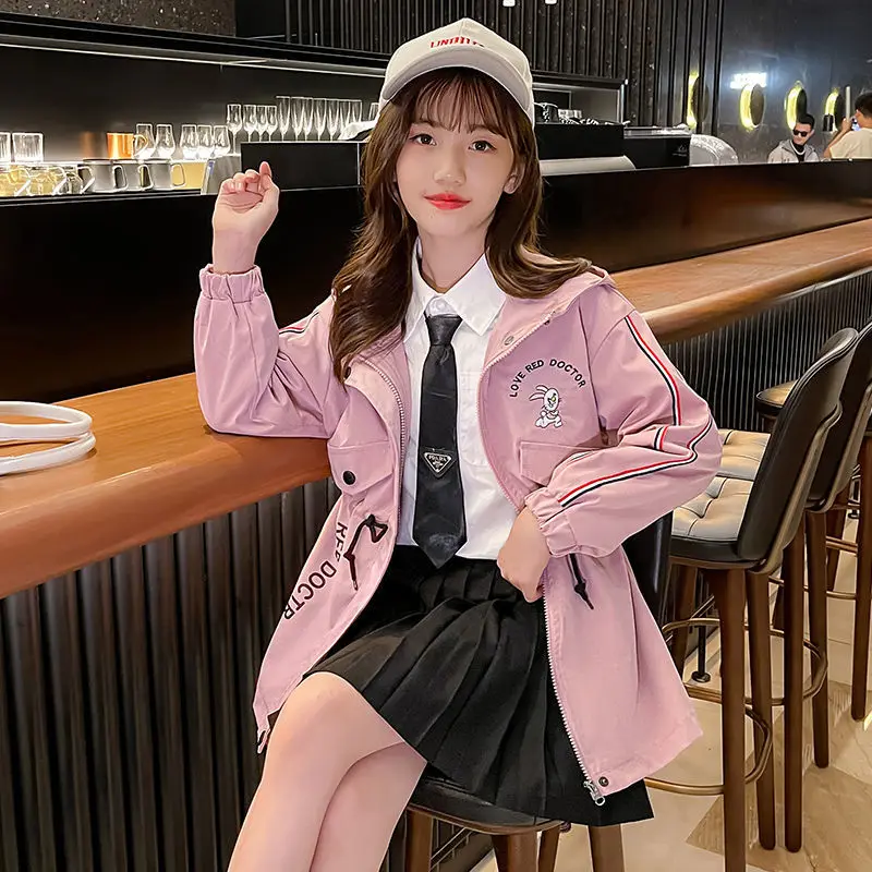 

4-12Y Teen Girls Long Trench Coats 2022 New Spring Autumn Fashion Letter Style Windbreaker Jacket For Girls Children's Clothing