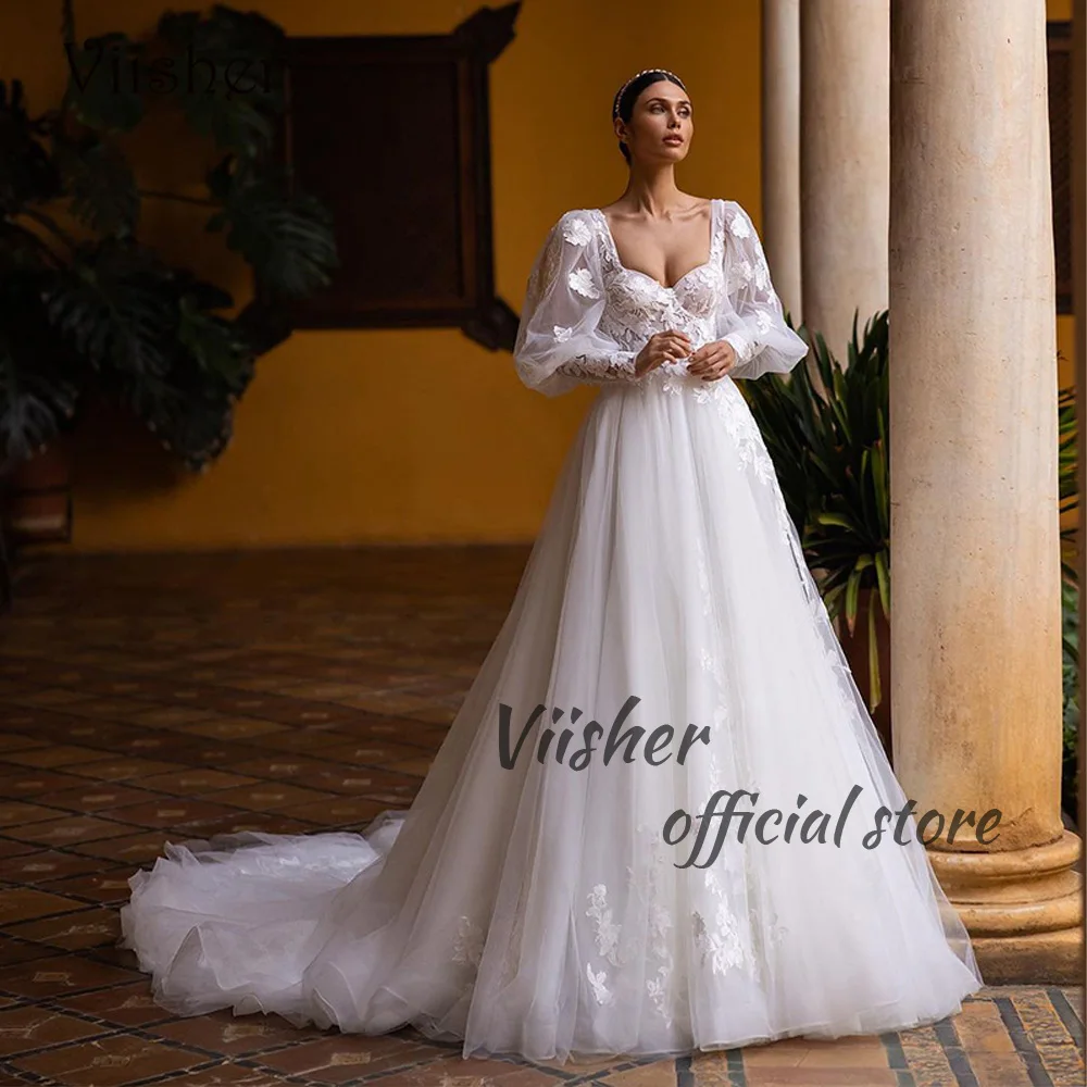 Viisher Vintage Princess Wedding Dresses Long Sleeve Sweetheart Lace Appliques Tulle Beach Bridal Gowns Customized Bride Dress
Viisher Vintage Princess Wedding Dresses Long Sleeve Sweetheart Lace Appliques Tulle Beach Bridal Gowns Customized Bride Dress