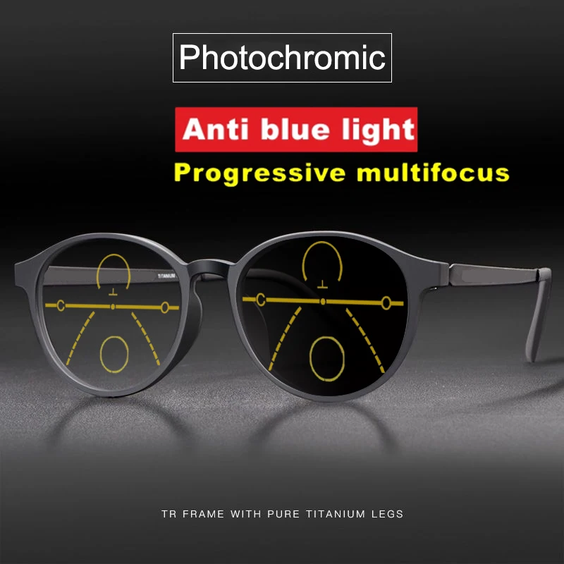 Pure Titanium Photochromic Multi-focus Reading Glasses unisex Progressive Anti-blue light Business Eyeglasses TR90 Round Frame
Pure Titanium Photochromic Multi-focus Reading Glasses unisex Progressive Anti-blue light Business Eyeglasses TR90 Round Frame