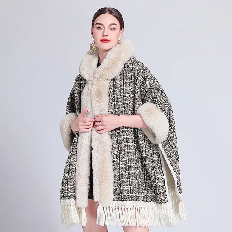 

Winter Thick Warm Poncho Cloak Japanese Korea Women Long Faux Rabbit Fur Collar Striped Streetwear With Hat Tassel Loose Cape