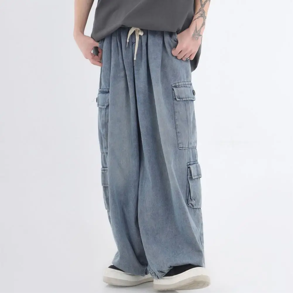 

Men Relaxed Fit Jeans Stylish Men's Denim Pants with Elastic Waist Multi Pockets for Hop Style Trousers Solid Color for Spring