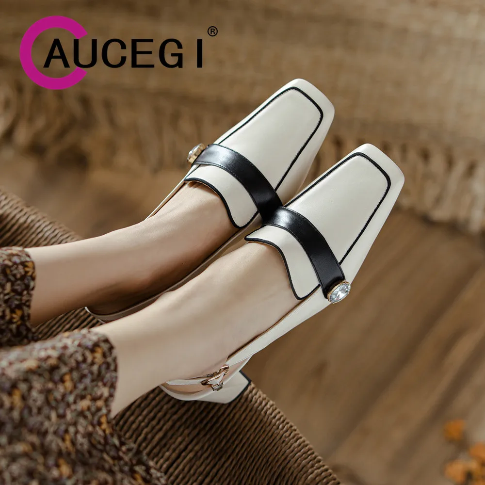 

Aucegi 2024 Mixed Color Genuine Leather Square Toe Crystal Buckle Strap Slingback Pumps Summer Women Concise Dress Banquet Shoes