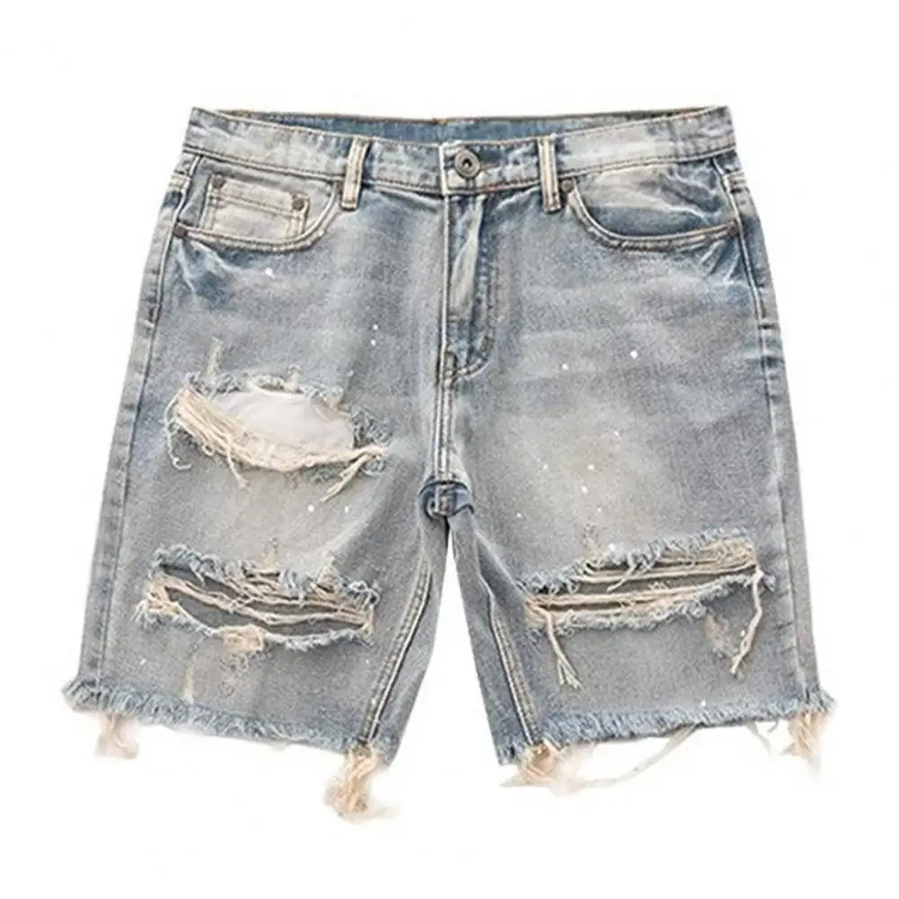 

Men Summer Distressed Denim Shorts Button Zipper Fly Multi Pockets Short Jeans Straight Fit Ripped Holes Distressed Jeans Pants